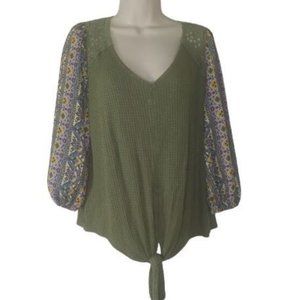 Californian Stitch Waffle Knit TIe Hem Mixed Media Top